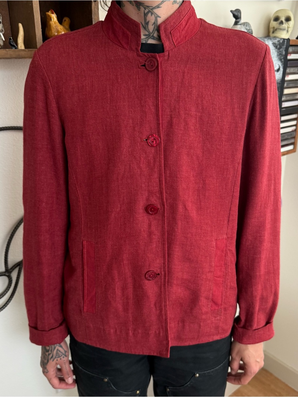 Vintage 90s Y2K Dark Red Linen Minimalist Mandarin Collar Jacket ~ Size Medium